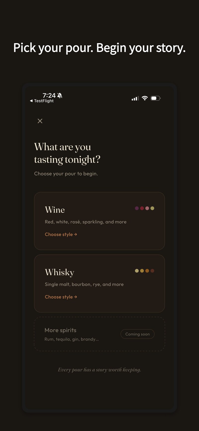 카테고리 선택 화면 — Wine, Whisky, More spirits